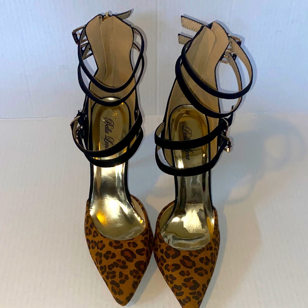 Bella Marie Tan Leopard Heels with Black Straps